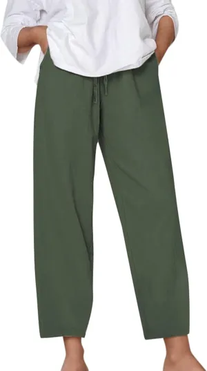 Linen Pants for Women Loose Elastic High Waist Yoga Pants Relax Fit Comfy Casual Trousers with Pockets Summer 2025