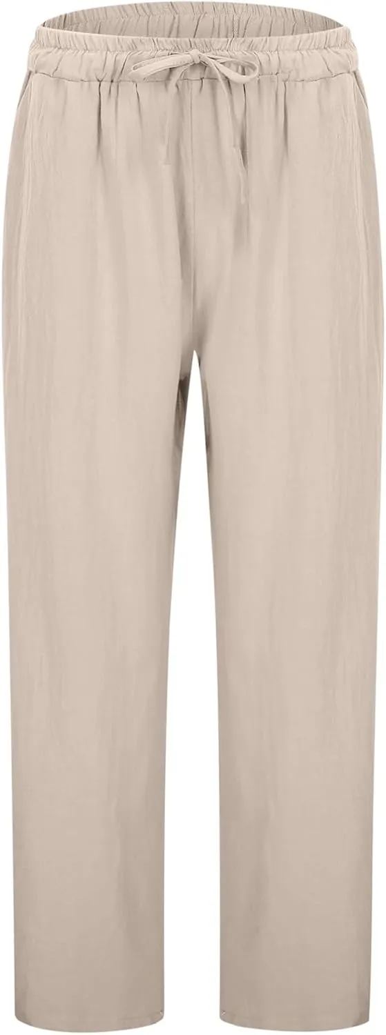 Linen Pants for Women Loose Elastic High Waist Yoga Pants Relax Fit Comfy Casual Trousers with Pockets Summer 2025