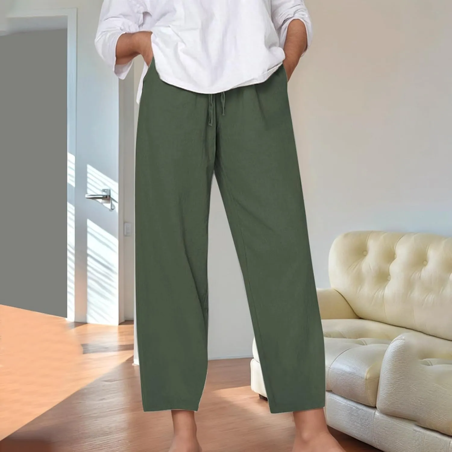 Linen Pants for Women Loose Elastic High Waist Yoga Pants Relax Fit Comfy Casual Trousers with Pockets Summer 2025