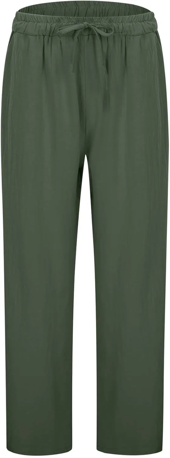 Linen Pants for Women Loose Elastic High Waist Yoga Pants Relax Fit Comfy Casual Trousers with Pockets Summer 2025