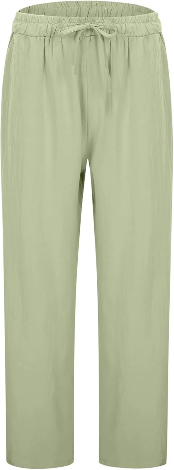 Linen Pants for Women Loose Elastic High Waist Yoga Pants Relax Fit Comfy Casual Trousers with Pockets Summer 2025
