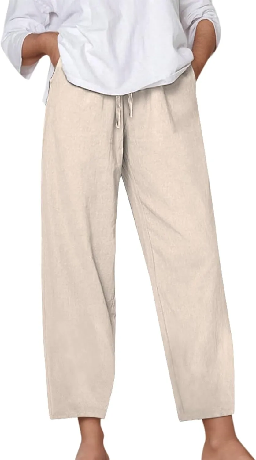Linen Pants for Women Loose Elastic High Waist Yoga Pants Relax Fit Comfy Casual Trousers with Pockets Summer 2025
