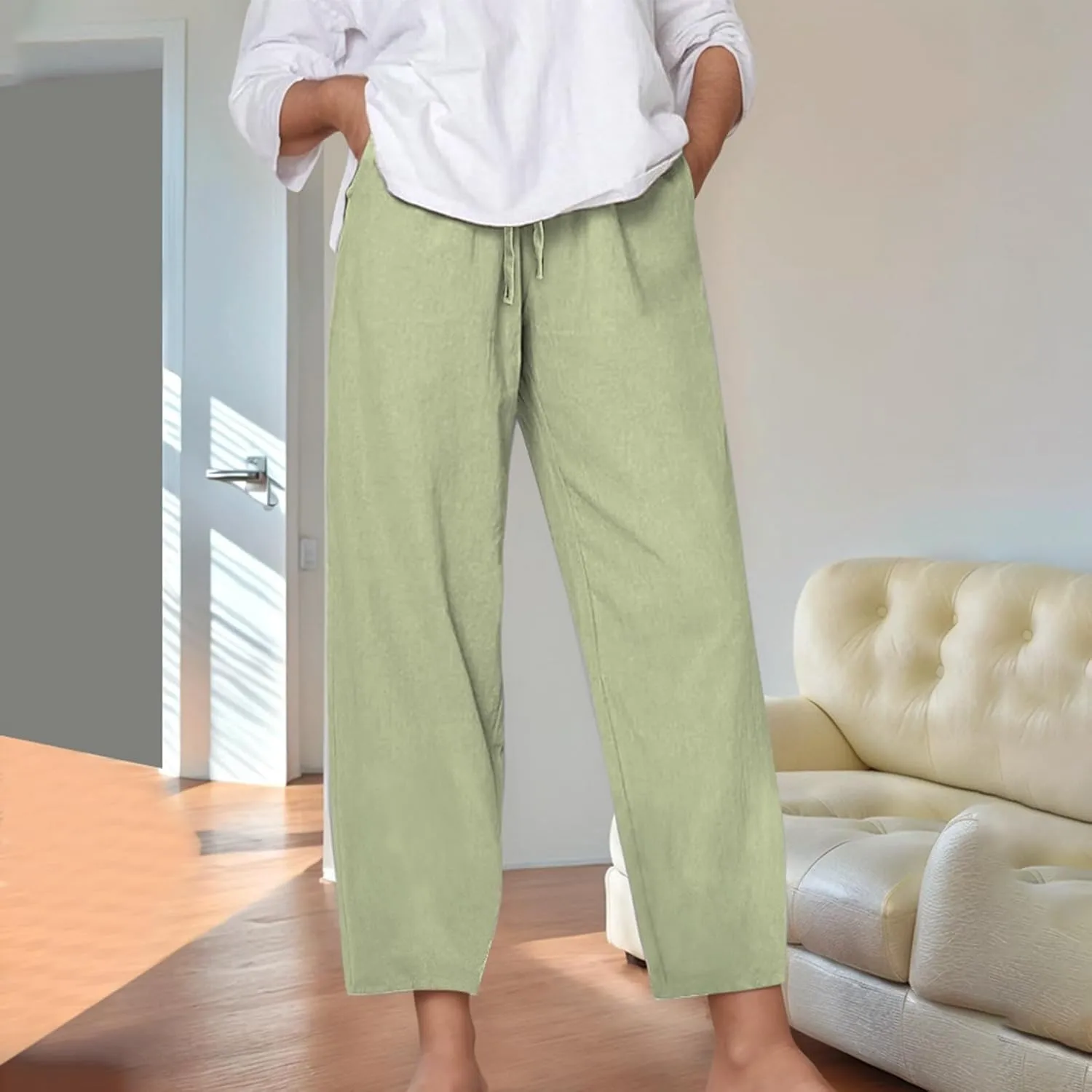 Linen Pants for Women Loose Elastic High Waist Yoga Pants Relax Fit Comfy Casual Trousers with Pockets Summer 2025
