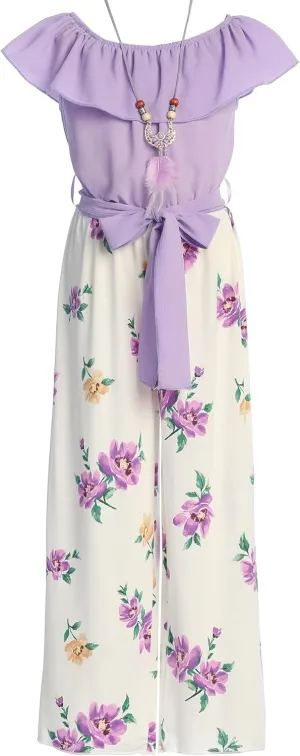 Little Girls Sleeveless Relax Fit Jumpsuit Chiffon Belt Floral Romper Jumpsuit