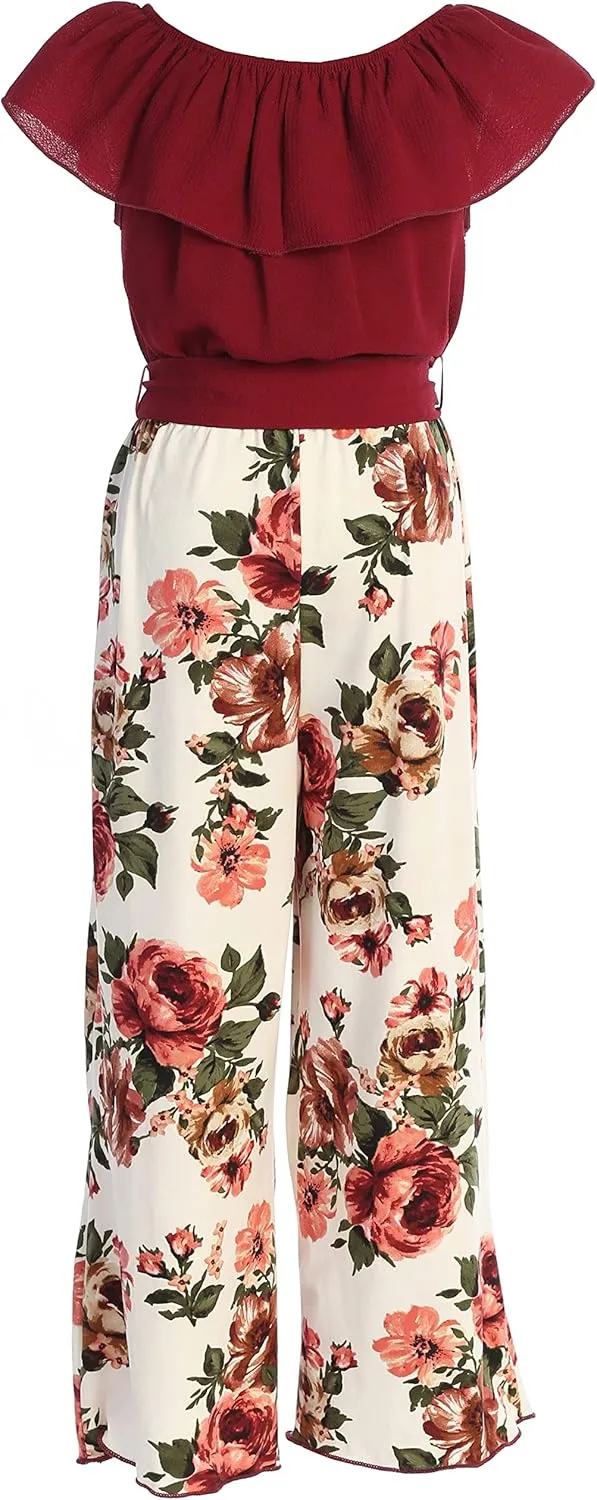 Little Girls Sleeveless Relax Fit Jumpsuit Chiffon Belt Floral Romper Jumpsuit