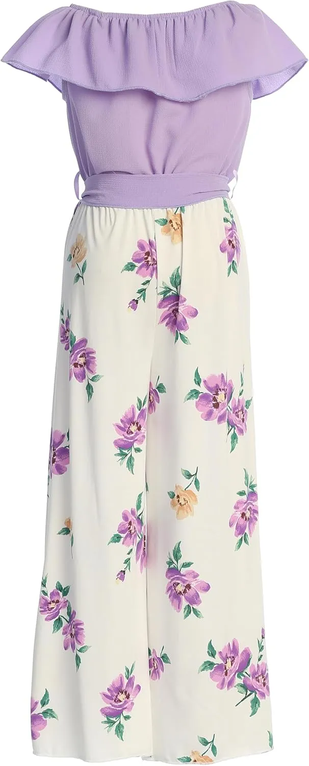 Little Girls Sleeveless Relax Fit Jumpsuit Chiffon Belt Floral Romper Jumpsuit