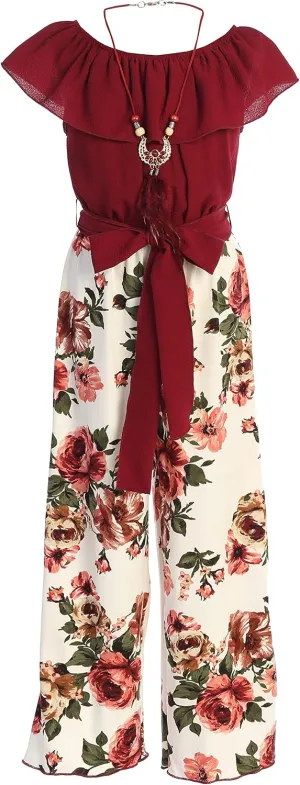Little Girls Sleeveless Relax Fit Jumpsuit Chiffon Belt Floral Romper Jumpsuit