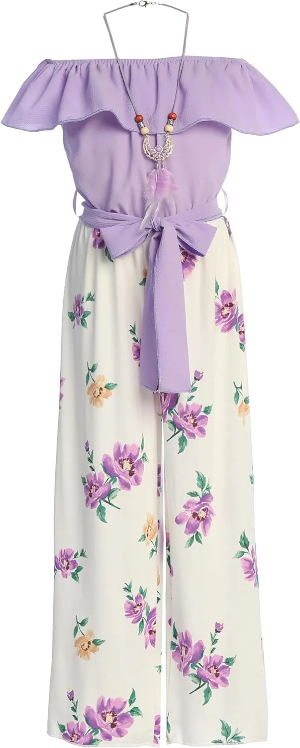 Little Girls Sleeveless Relax Fit Jumpsuit Chiffon Belt Floral Romper Jumpsuit