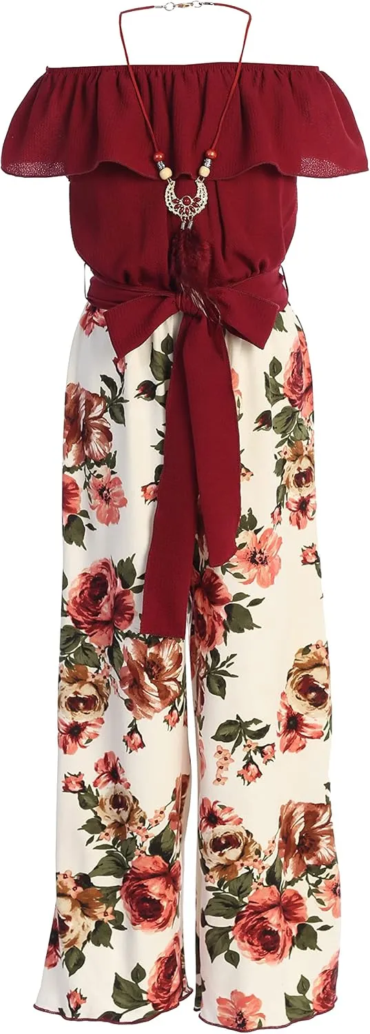 Little Girls Sleeveless Relax Fit Jumpsuit Chiffon Belt Floral Romper Jumpsuit