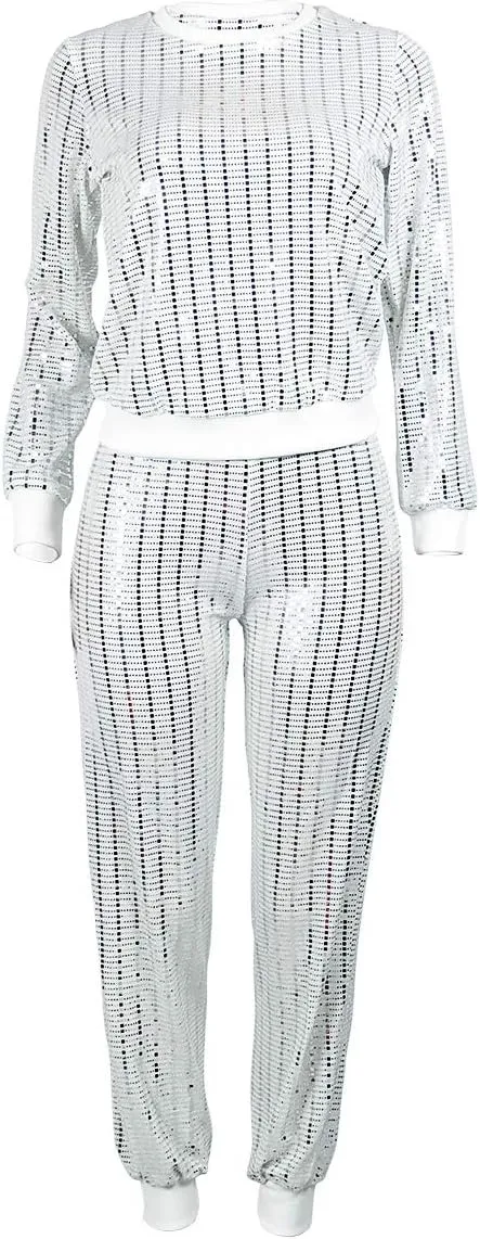 Lucuna Women's 2 Piece Outfits Glitter Sequin Metallic Shiny Pullover Tops & Pants Set Sparkly Party Clubwear
