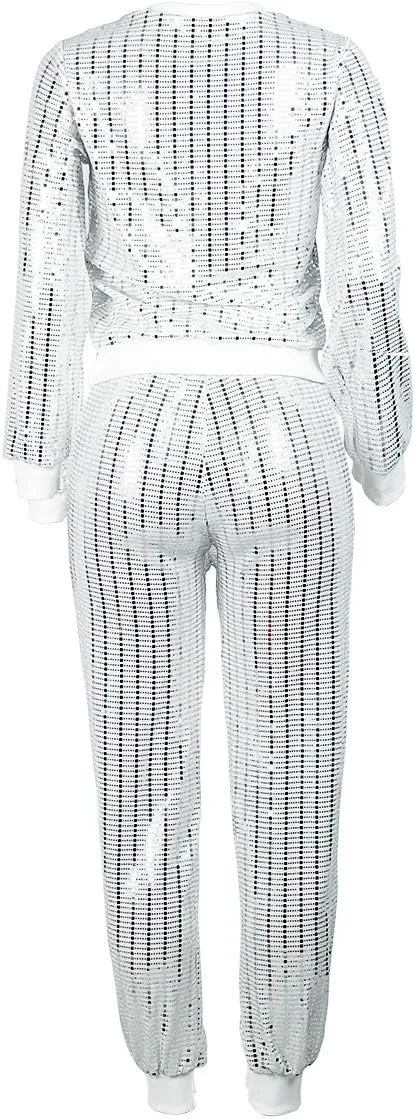 Lucuna Women's 2 Piece Outfits Glitter Sequin Metallic Shiny Pullover Tops & Pants Set Sparkly Party Clubwear