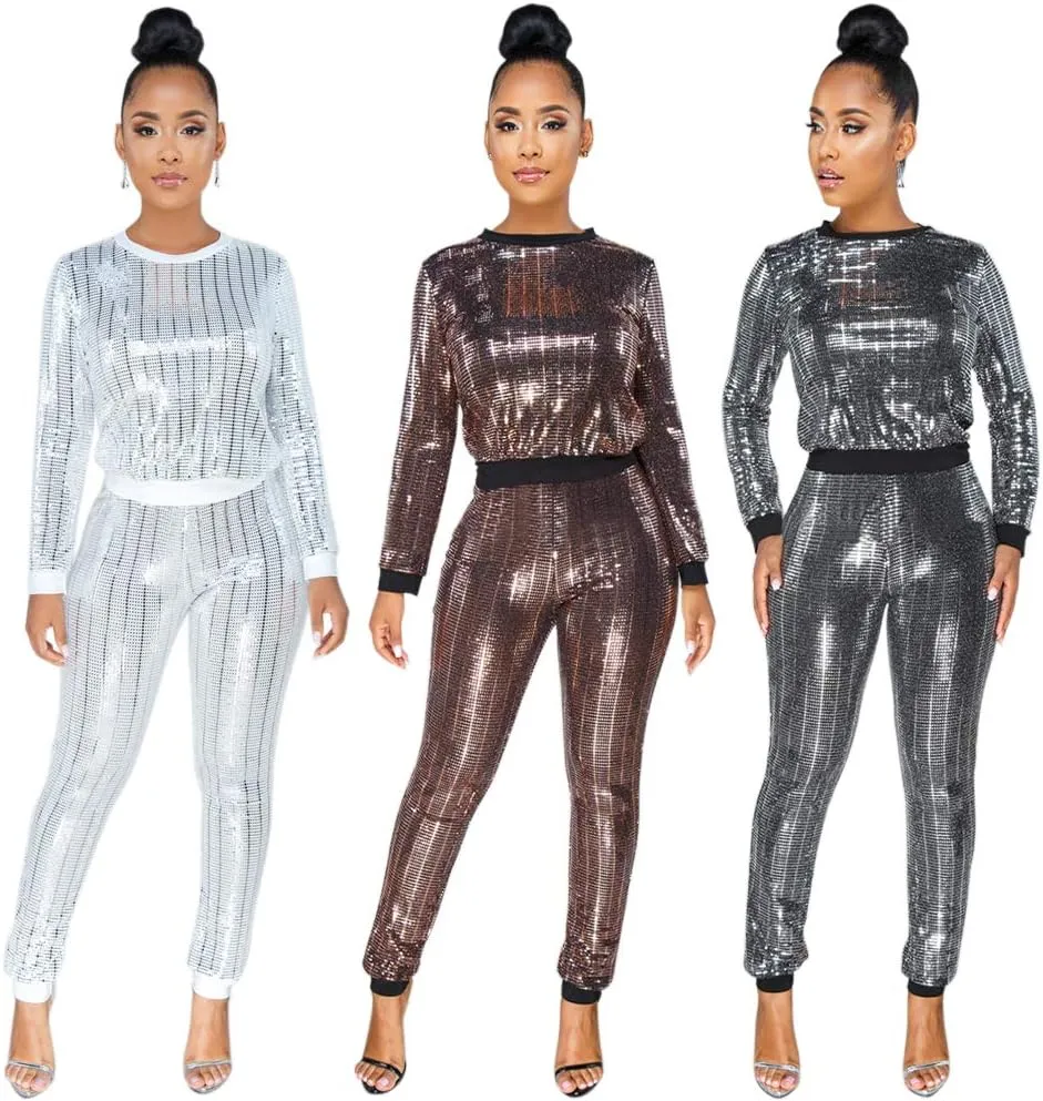 Lucuna Women's 2 Piece Outfits Glitter Sequin Metallic Shiny Pullover Tops & Pants Set Sparkly Party Clubwear