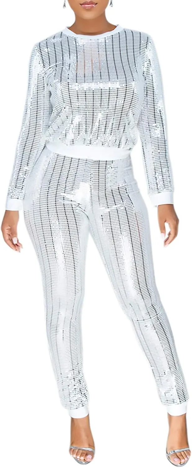Lucuna Women's 2 Piece Outfits Glitter Sequin Metallic Shiny Pullover Tops & Pants Set Sparkly Party Clubwear