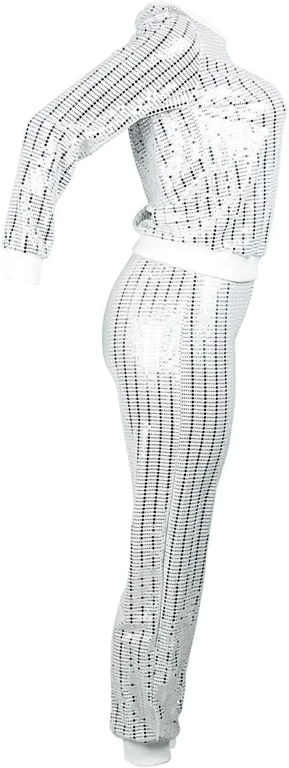 Lucuna Women's 2 Piece Outfits Glitter Sequin Metallic Shiny Pullover Tops & Pants Set Sparkly Party Clubwear