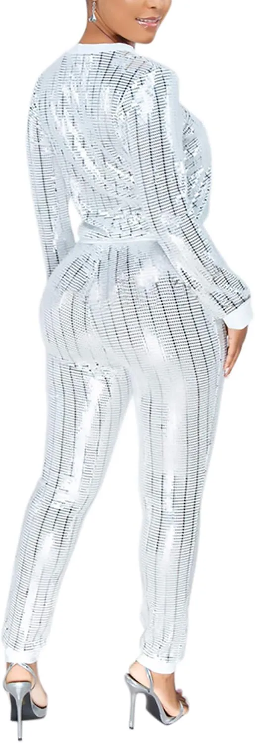 Lucuna Women's 2 Piece Outfits Glitter Sequin Metallic Shiny Pullover Tops & Pants Set Sparkly Party Clubwear