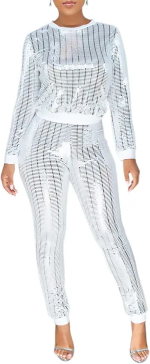 Lucuna Women's 2 Piece Outfits Glitter Sequin Metallic Shiny Pullover Tops & Pants Set Sparkly Party Clubwear