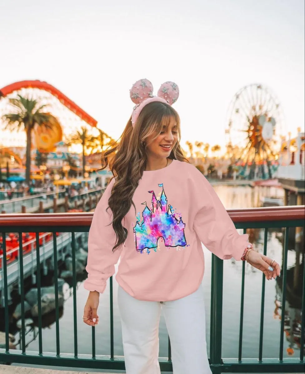 LUKYCILD Magic Kingdom Sweatshirts for Women Castle Oversized Sweatshirt Holiday Shirt Graphic Long Sleeve Pullover Tops