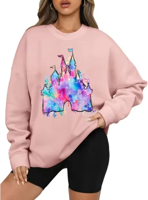 LUKYCILD Magic Kingdom Sweatshirts for Women Castle Oversized Sweatshirt Holiday Shirt Graphic Long Sleeve Pullover Tops