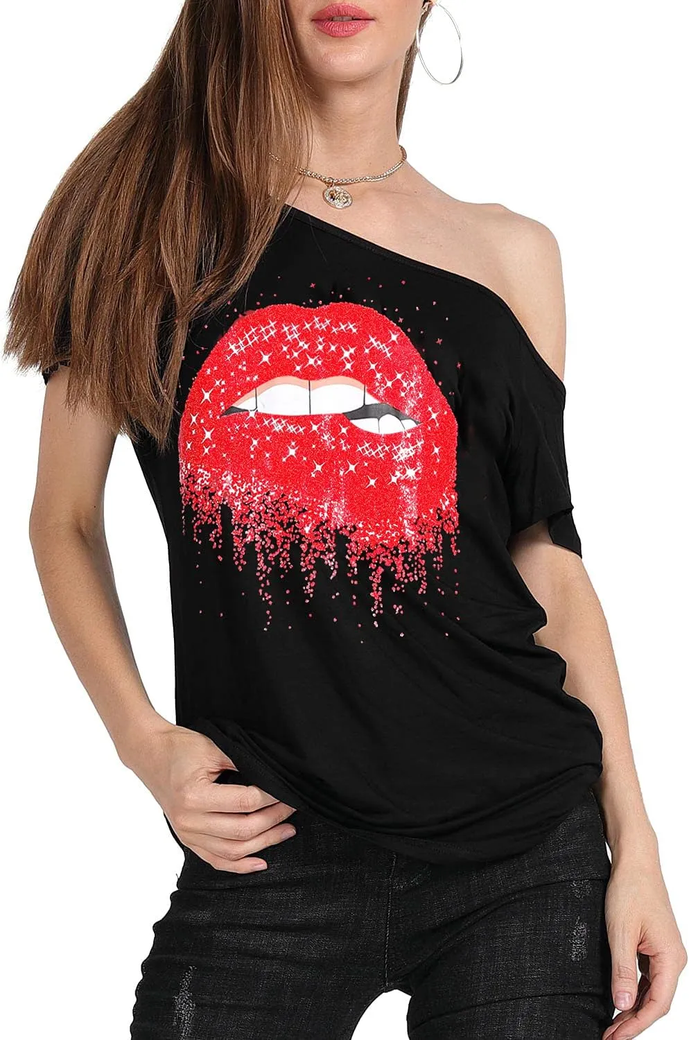 MAGICMK Womens Short Lips Print Causal Off The Shoulder Plus Size T-Shirt Tops
