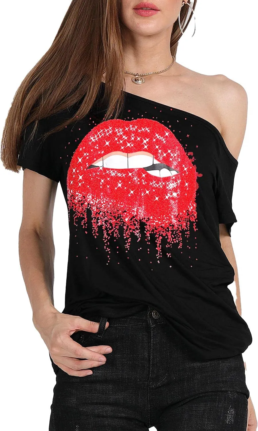 MAGICMK Womens Short Lips Print Causal Off The Shoulder Plus Size T-Shirt Tops