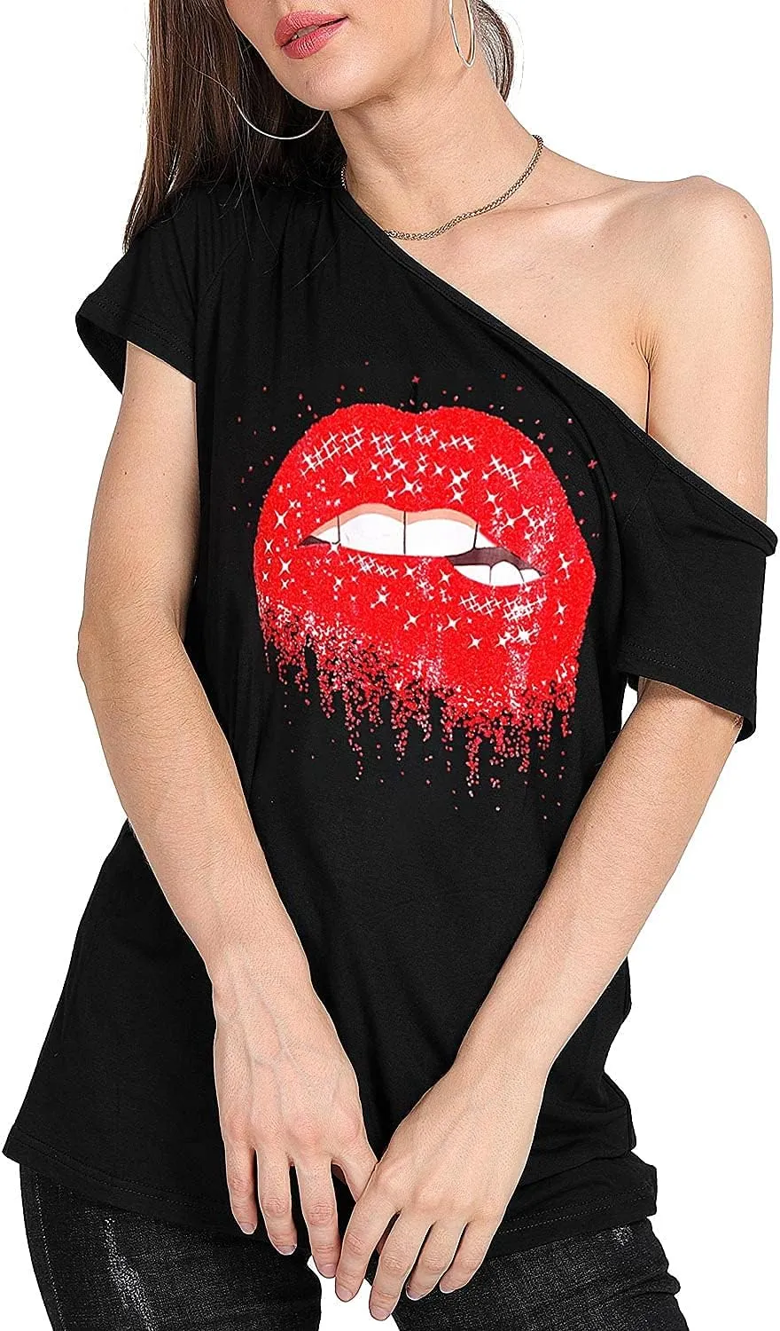 MAGICMK Womens Short Lips Print Causal Off The Shoulder Plus Size T-Shirt Tops