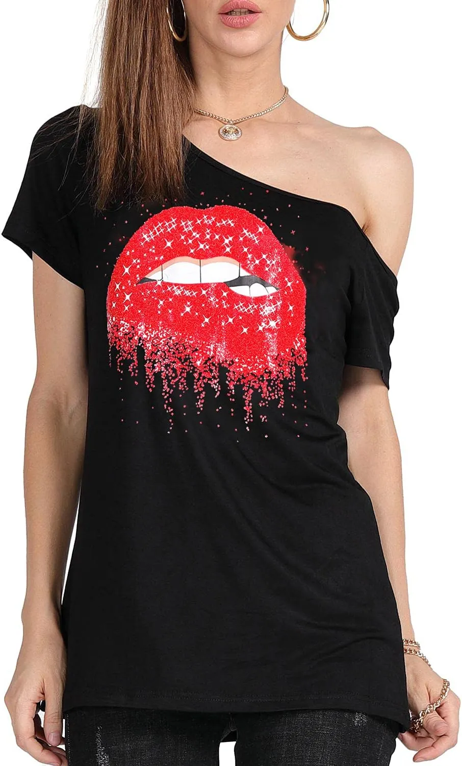 MAGICMK Womens Short Lips Print Causal Off The Shoulder Plus Size T-Shirt Tops