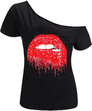 MAGICMK Womens Short Lips Print Causal Off The Shoulder Plus Size T-Shirt Tops