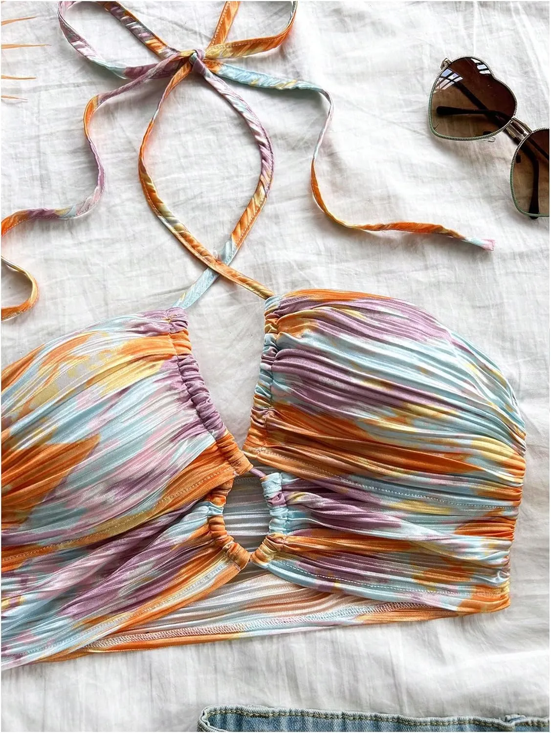 MakeMeChic Women's Floral Tie Dye Halter Top Ruched Criss Cross Cut Out Boho Crop Tops