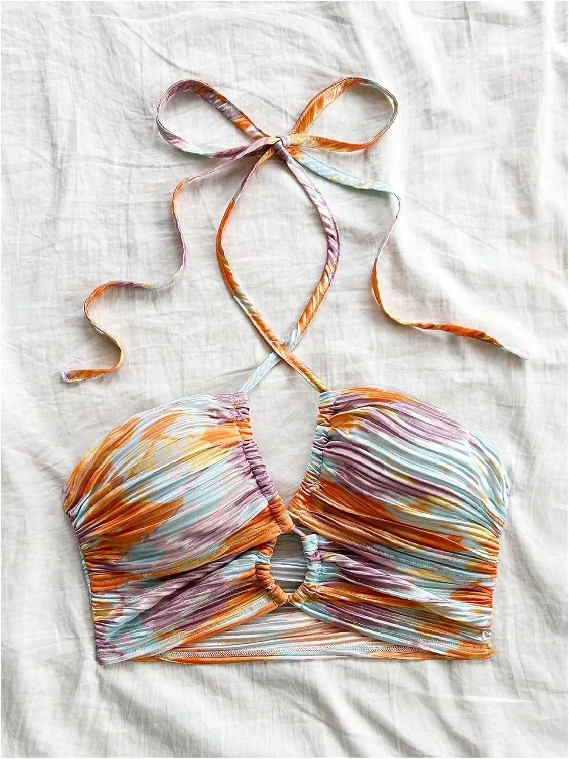 MakeMeChic Women's Floral Tie Dye Halter Top Ruched Criss Cross Cut Out Boho Crop Tops