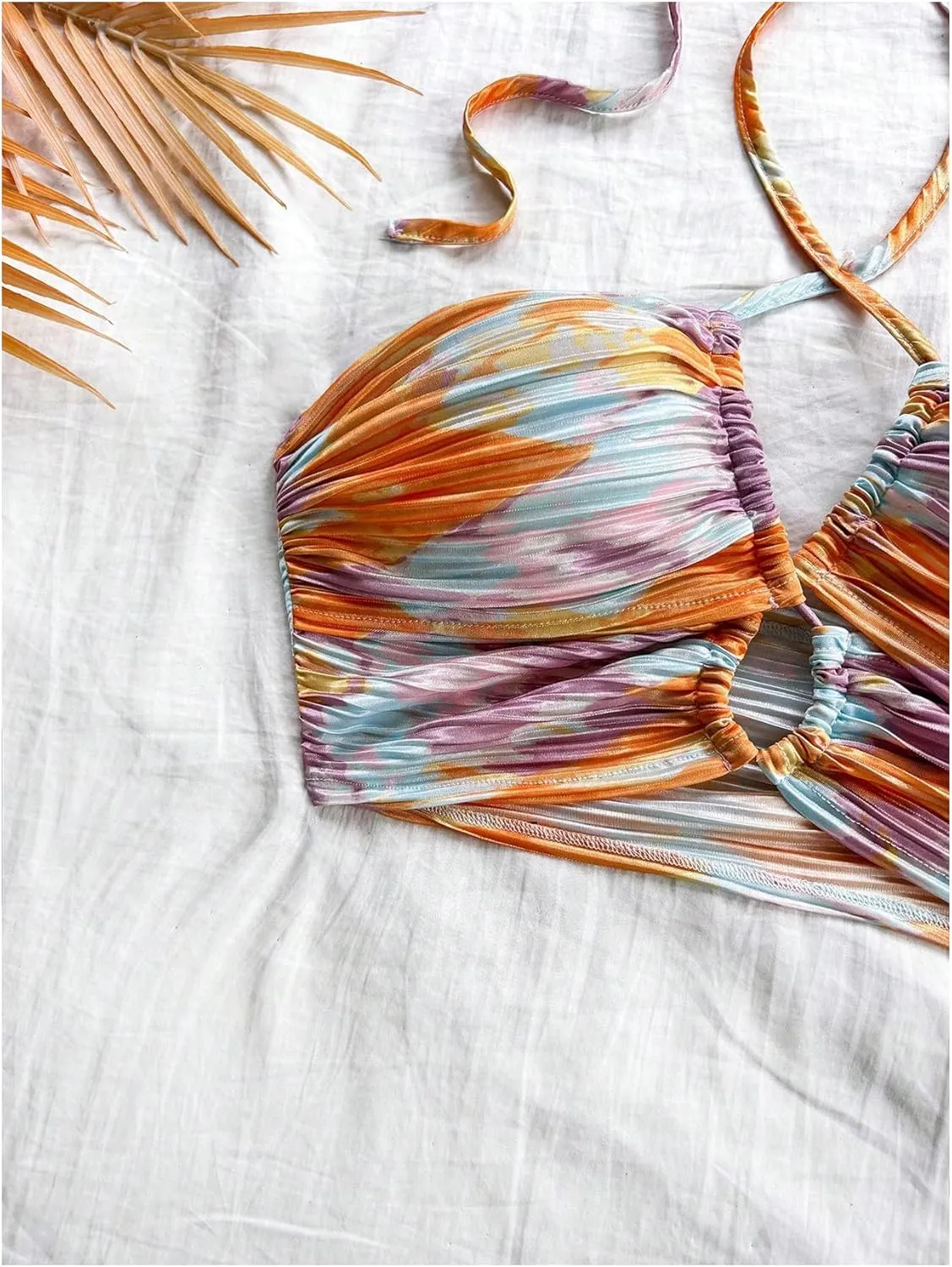 MakeMeChic Women's Floral Tie Dye Halter Top Ruched Criss Cross Cut Out Boho Crop Tops