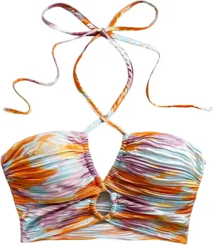 MakeMeChic Women's Floral Tie Dye Halter Top Ruched Criss Cross Cut Out Boho Crop Tops