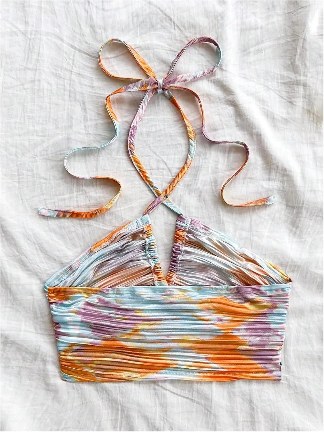 MakeMeChic Women's Floral Tie Dye Halter Top Ruched Criss Cross Cut Out Boho Crop Tops