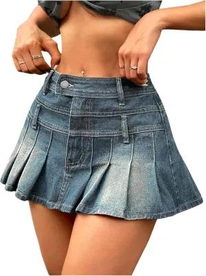 MakeMeChic Women's Pleated Denim Skirt A Line Flare Y2k Mini Jean Skirts