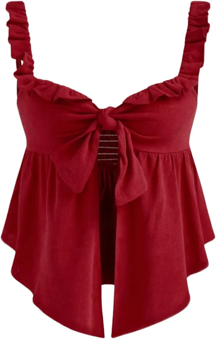 MakeMeChic Women's Ruffle Cami Top Tie Front Split Frill Trim Shirred Camisole Sleeveless Ruffle Tops