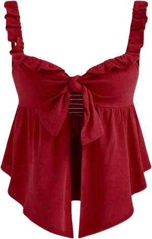 MakeMeChic Women's Ruffle Cami Top Tie Front Split Frill Trim Shirred Camisole Sleeveless Ruffle Tops