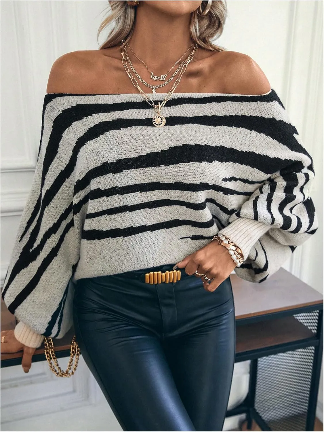 MakeMeChic Women's Stripes Pattern Long Sleeve Boat Neck Loose Fit Casual Pullover Sweater Tops