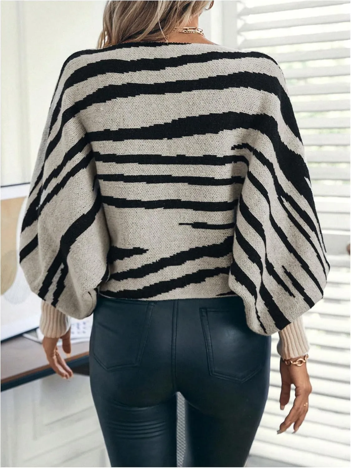 MakeMeChic Women's Stripes Pattern Long Sleeve Boat Neck Loose Fit Casual Pullover Sweater Tops