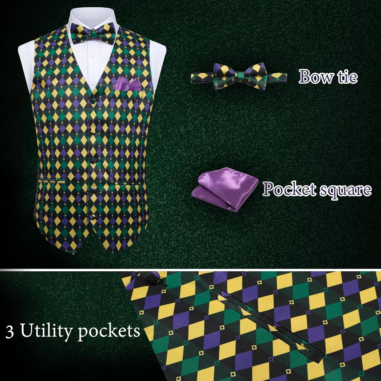 Mardi Gras Vest Kit for Men,Adult Mardi Gras Outfit with Bow Tie and Pocket Square,Mardi Gras Costume Set