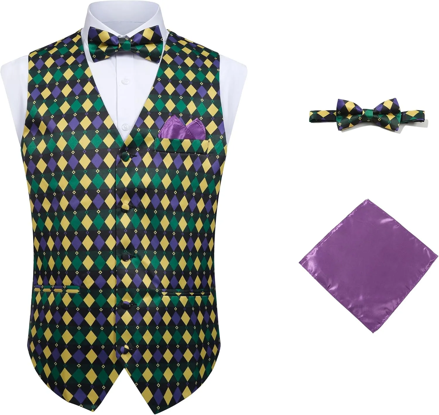 Mardi Gras Vest Kit for Men,Adult Mardi Gras Outfit with Bow Tie and Pocket Square,Mardi Gras Costume Set
