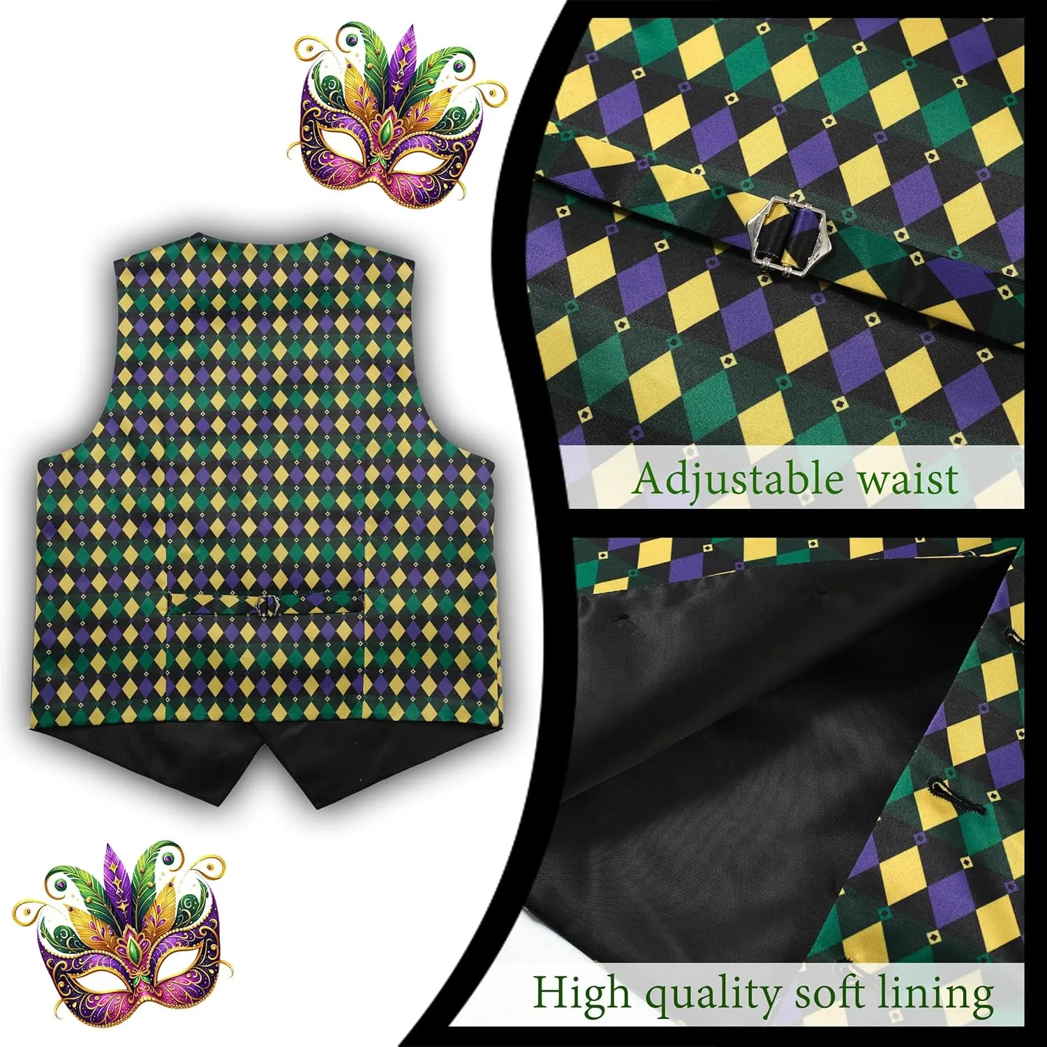 Mardi Gras Vest Kit for Men,Adult Mardi Gras Outfit with Bow Tie and Pocket Square,Mardi Gras Costume Set
