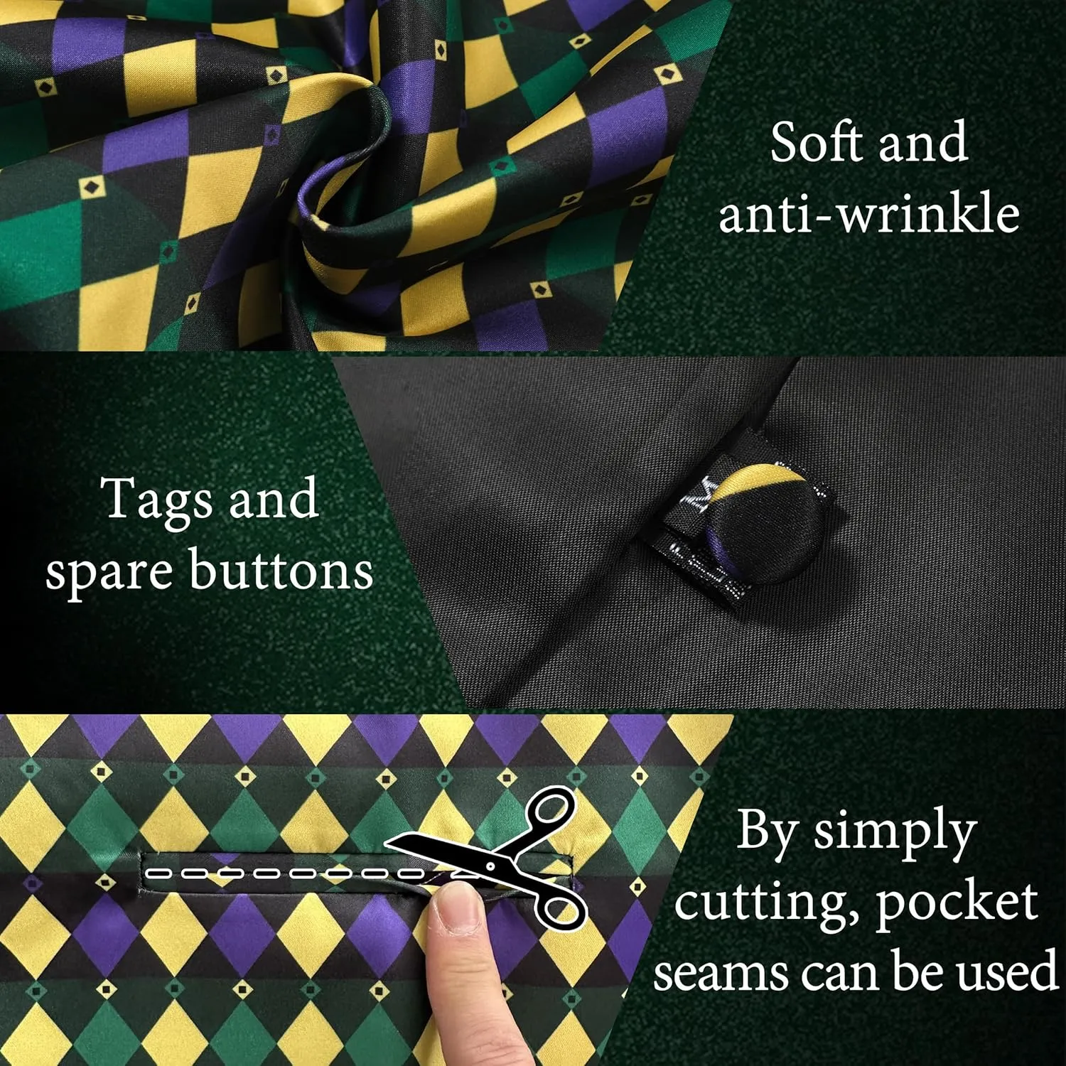 Mardi Gras Vest Kit for Men,Adult Mardi Gras Outfit with Bow Tie and Pocket Square,Mardi Gras Costume Set