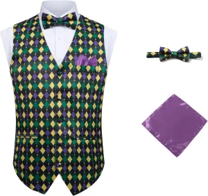 Mardi Gras Vest Kit for Men,Adult Mardi Gras Outfit with Bow Tie and Pocket Square,Mardi Gras Costume Set