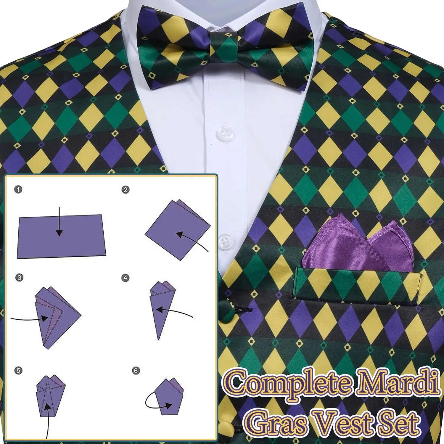 Mardi Gras Vest Kit for Men,Adult Mardi Gras Outfit with Bow Tie and Pocket Square,Mardi Gras Costume Set