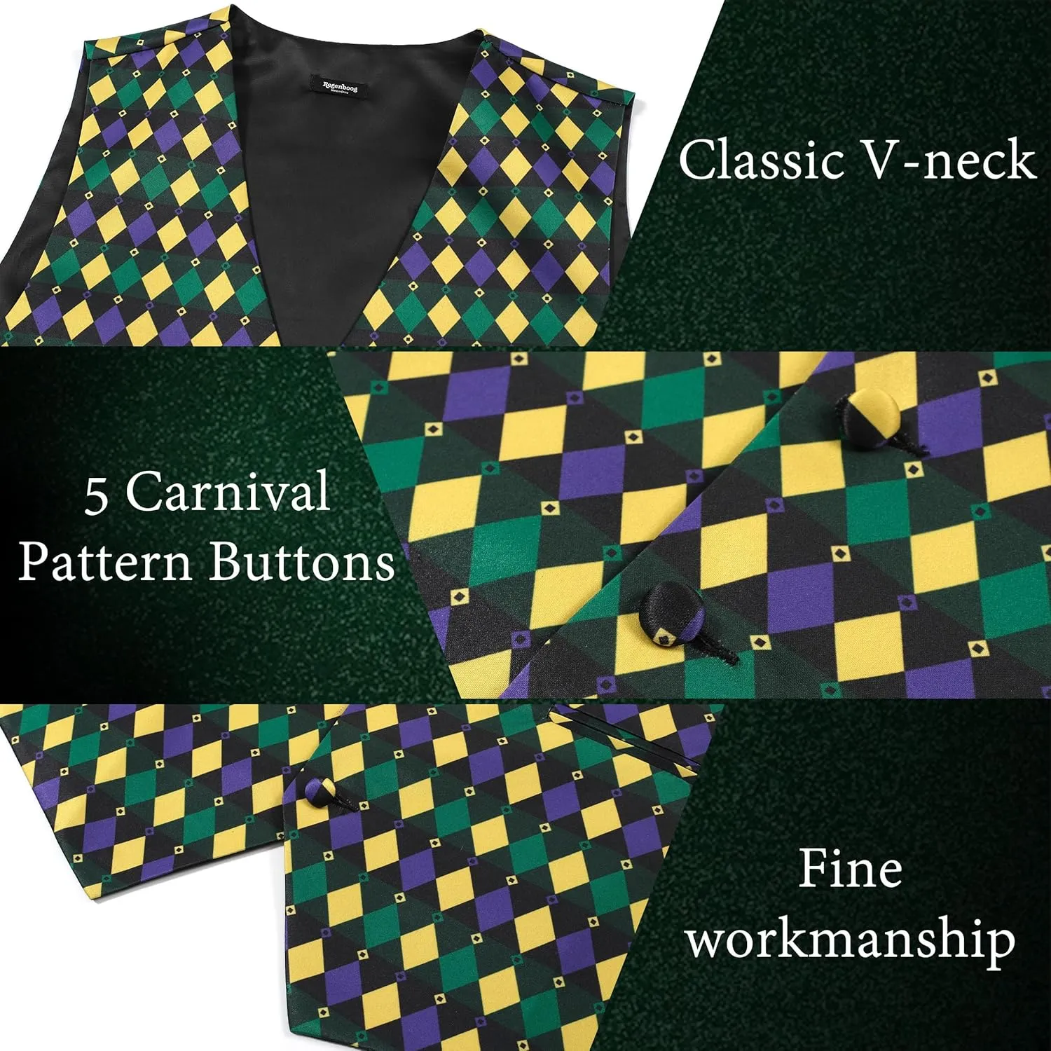 Mardi Gras Vest Kit for Men,Adult Mardi Gras Outfit with Bow Tie and Pocket Square,Mardi Gras Costume Set