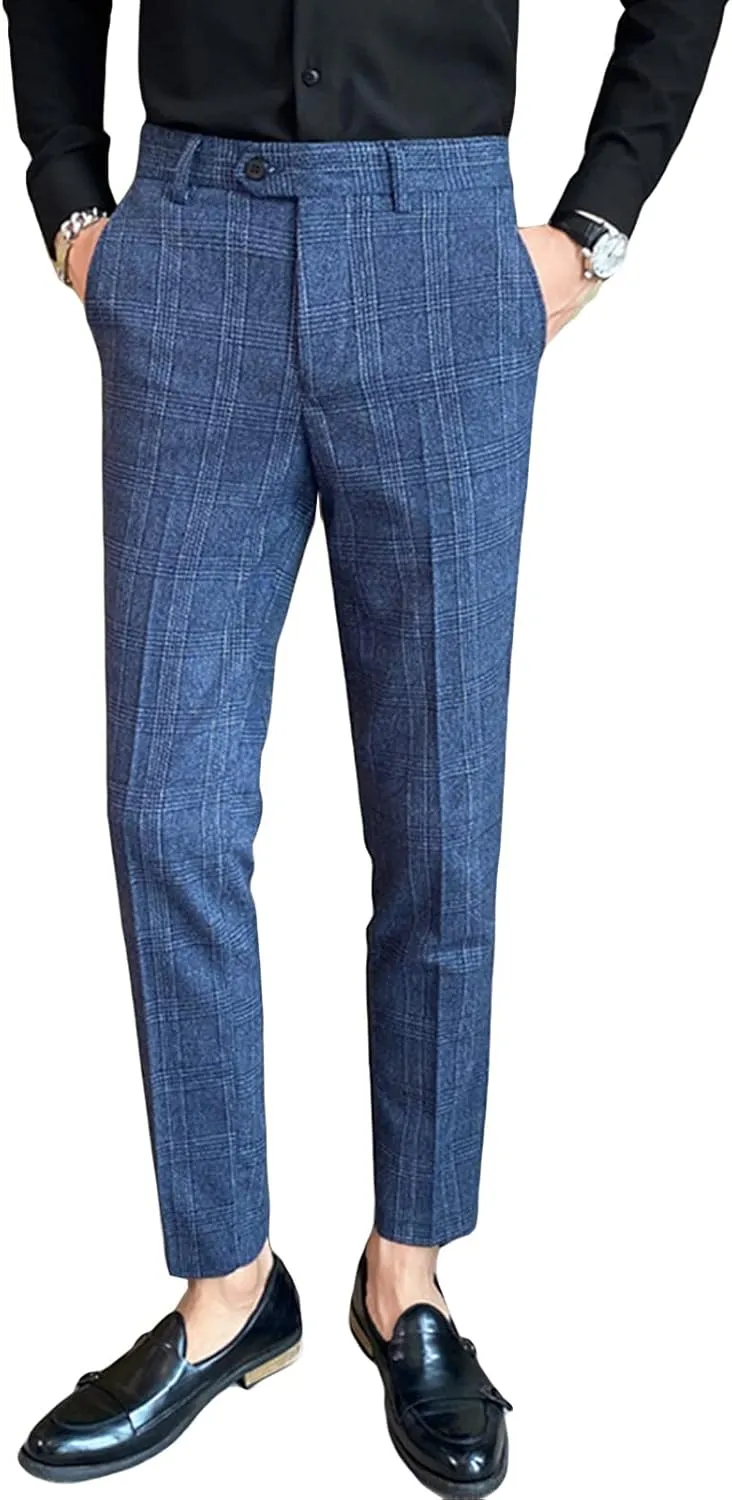 Men'S Dress Pants Plaid Skinny Slim Fit Dress Pants Stretch Regular Fit Business Fashion Pencil Chinos Pants
