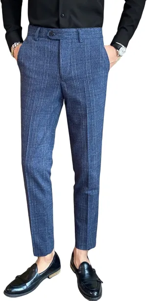 Men'S Dress Pants Plaid Skinny Slim Fit Dress Pants Stretch Regular Fit Business Fashion Pencil Chinos Pants