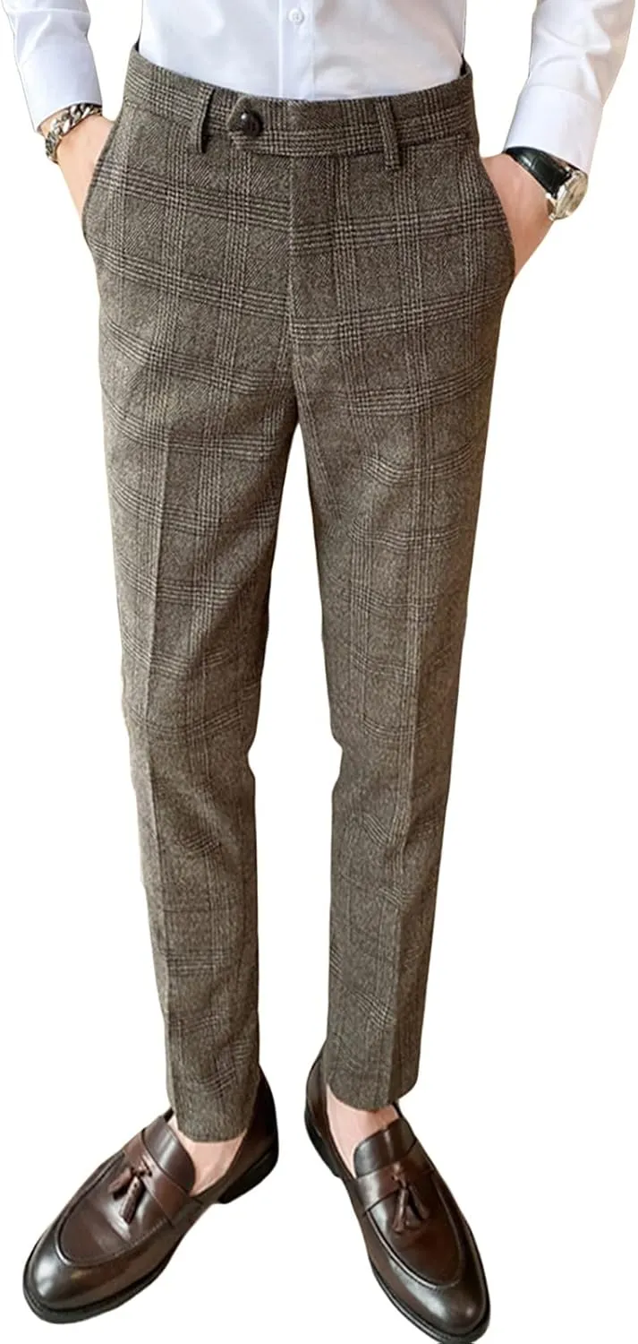 Men'S Dress Pants Plaid Skinny Slim Fit Dress Pants Stretch Regular Fit Business Fashion Pencil Chinos Pants