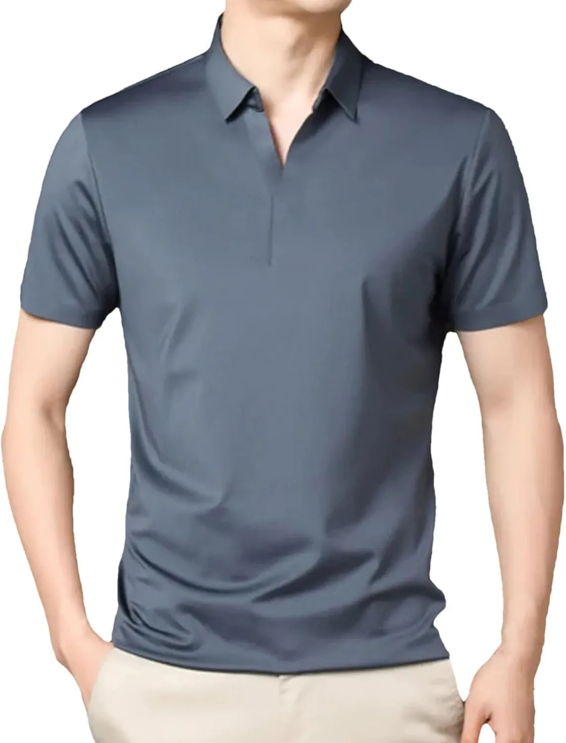 Men's Elastic Slim Polo Shirt Business Casual Short Sleeved Work Shirt Fashion Quick Dry Basic Tops