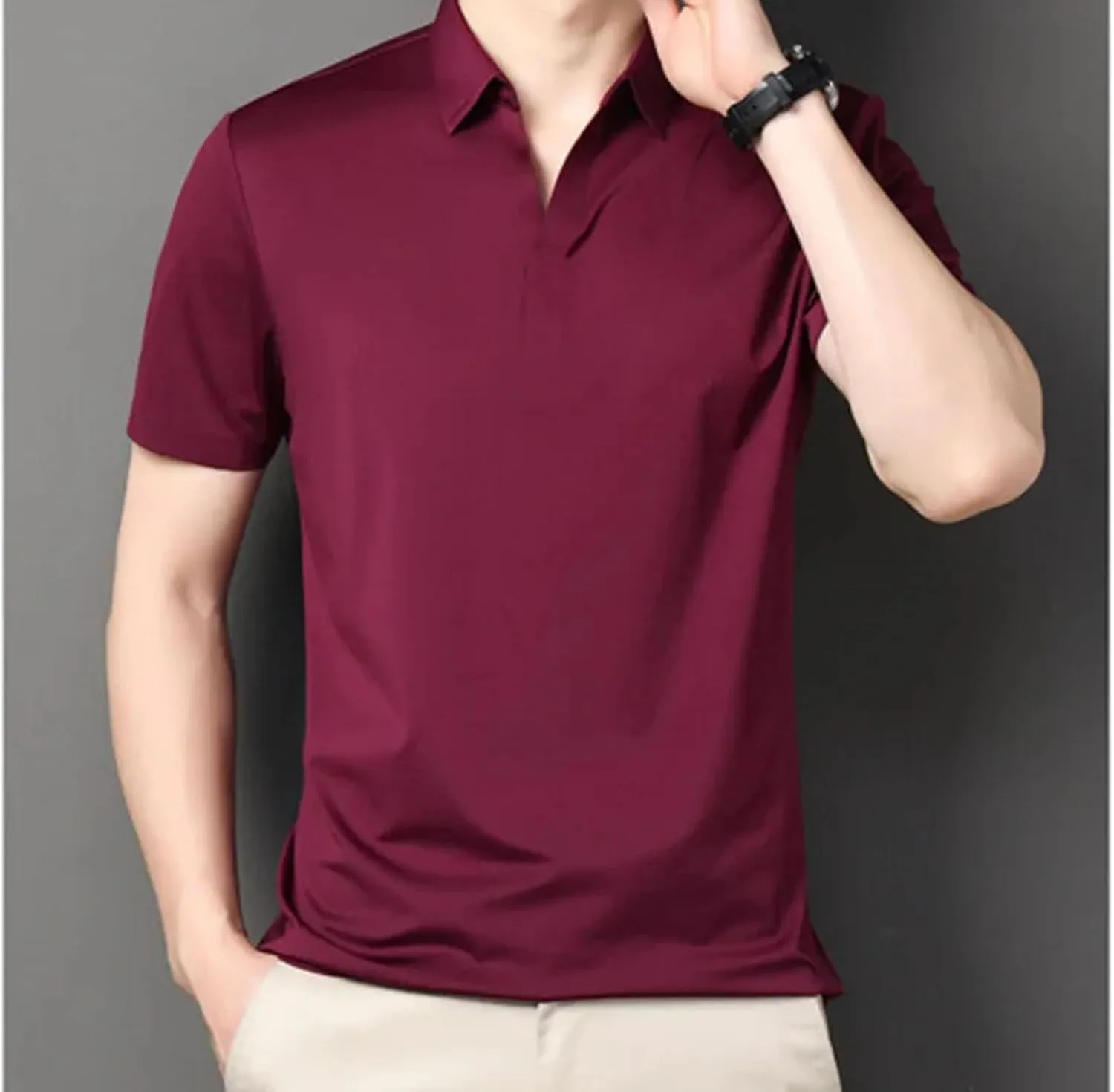 Men's Elastic Slim Polo Shirt Business Casual Short Sleeved Work Shirt Fashion Quick Dry Basic Tops