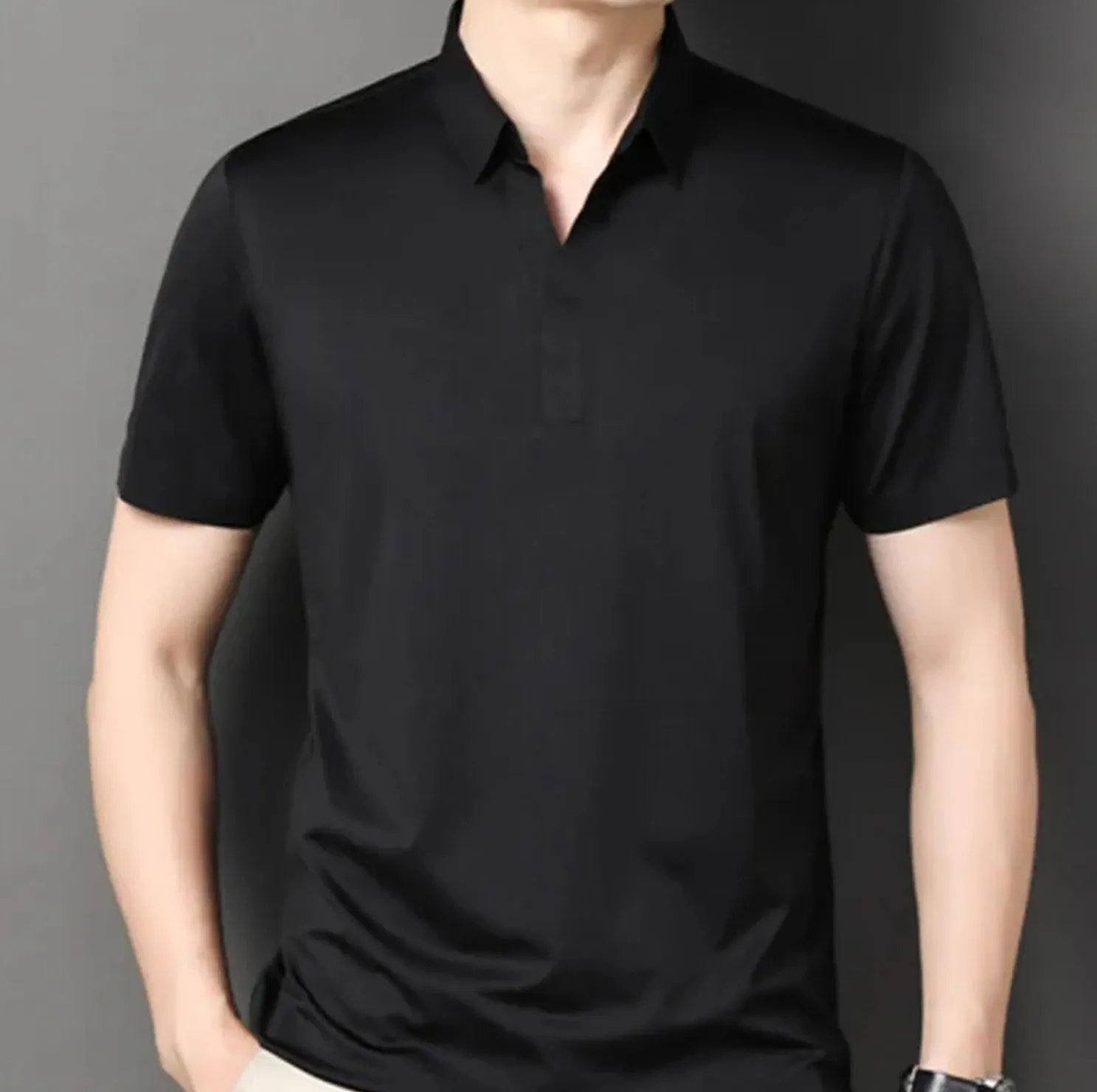 Men's Elastic Slim Polo Shirt Business Casual Short Sleeved Work Shirt Fashion Quick Dry Basic Tops
